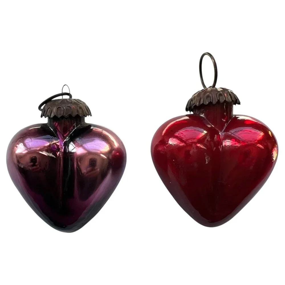 2 Modern Kugel Style Heart Shape Glass Christmas Ornament‎ Red Purple Metal Caps